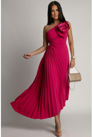 Dark pink pleated party dress with a rose