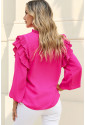 Pink Button Keyhole Back Pleated Ruffle Trim Blouse