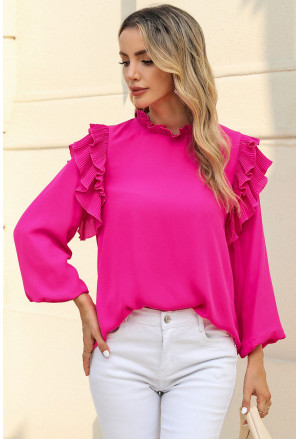 Pink Button Keyhole Back Pleated Ruffle Trim Blouse