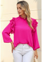 Pink Button Keyhole Back Pleated Ruffle Trim Blouse