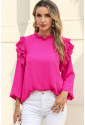 Pink Button Keyhole Back Pleated Ruffle Trim Blouse