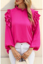 Pink Button Keyhole Back Pleated Ruffle Trim Blouse