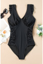 Black Ruffled Trim Ruched One Piece Swimwear