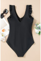 Black Ruffled Trim Ruched One Piece Swimwear