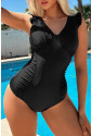 Black Ruffled Trim Ruched One Piece Swimwear