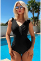 Black Ruffled Trim Ruched One Piece Swimwear