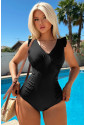 Black Ruffled Trim Ruched One Piece Swimwear