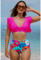 Rose V Neck Ruffles Floral Print High Waist Bikini