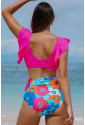 Rose V Neck Ruffles Floral Print High Waist Bikini