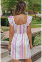 Pink Striped Button Sweetheart Flutter Sleeve Dress