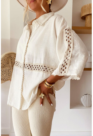 White Linen Crochet Patchwork Shirt
