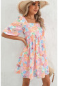 Summer Floral Square Neck Puff Sleeve Babydoll Dress