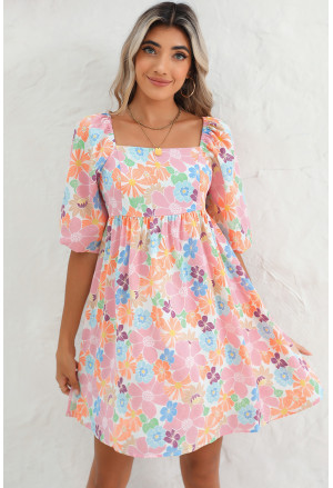 Summer Floral Square Neck Puff Sleeve Babydoll Dress