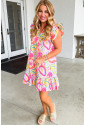 Abstract Floral Ruffle Trim Flutter Sleeve Buttoned Dress