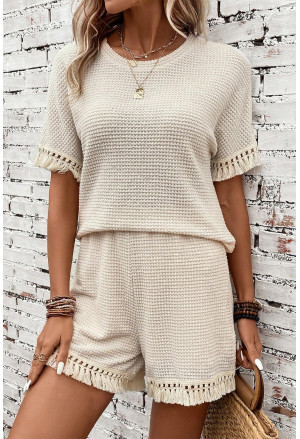 Summer knitted set with tassels - top and shorts