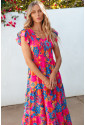 Boho Floral V Neck Ruffle Long Dress