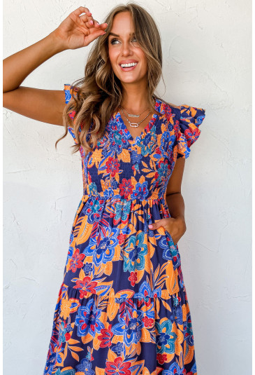 Boho Floral V Neck Ruffle Long Dress