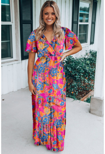 Boho Floral wrap Neck Ruffle Long Dress