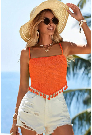 Oranžový texturovaný boho crop top so strapcami