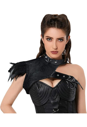 Steampunk PU leather bolero shrug with feathers