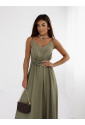 Khaki maxi dress with rose belt