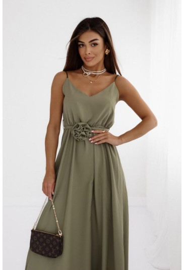 Khaki maxi dress with rose belt