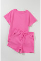 Pink 2pcs Solid Textured Drawstring Shorts Set