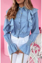 Ruffled Shirred Cuffs Denim Women Shirt