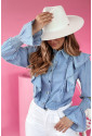 Ruffled Shirred Cuffs Denim Women Shirt