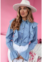 Ruffled Shirred Cuffs Denim Women Shirt