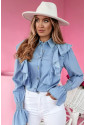 Ruffled Shirred Cuffs Denim Women Shirt