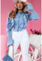 Ruffled Shirred Cuffs Denim Women Shirt