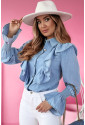 Ruffled Shirred Cuffs Denim Women Shirt