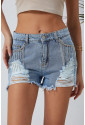 Sky Blue Rhinestone Tassel Distressed Denim Shorts