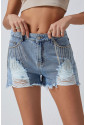 Sky Blue Rhinestone Tassel Distressed Denim Shorts