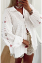 White Floral Embroidered Puff Sleeve Eyelet Patchwork Shirt