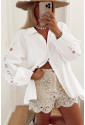 White Floral Embroidered Puff Sleeve Eyelet Patchwork Shirt