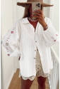 White Floral Embroidered Puff Sleeve Eyelet Patchwork Shirt