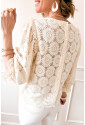 Oatmeal Flower Jacquard Button Back Ruffled 3/4 Sleeve Blouse