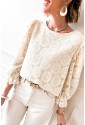 Oatmeal Flower Jacquard Button Back Ruffled 3/4 Sleeve Blouse