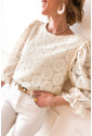 Oatmeal Flower Jacquard Button Back Ruffled 3/4 Sleeve Blouse