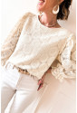 Oatmeal Flower Jacquard Button Back Ruffled 3/4 Sleeve Blouse