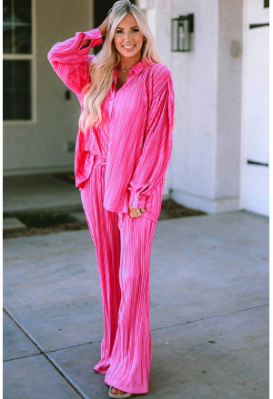 Rose Pleated Long Sleeve Shirt and Wide-Leg Pants Set