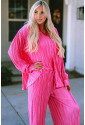 Rose Pleated Long Sleeve Shirt and Wide-Leg Pants Set