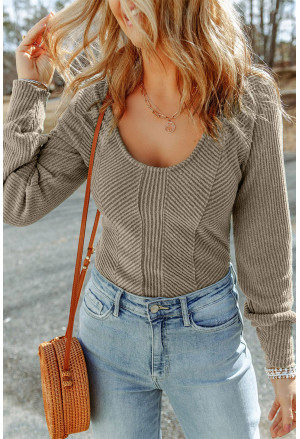 Gray U Neck Textured Long Sleeve Top