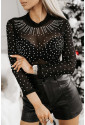 Black Rhinestone Sheer Mesh Long Sleeve Bodysuit