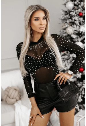 Black Rhinestone Sheer Mesh Long Sleeve Bodysuit