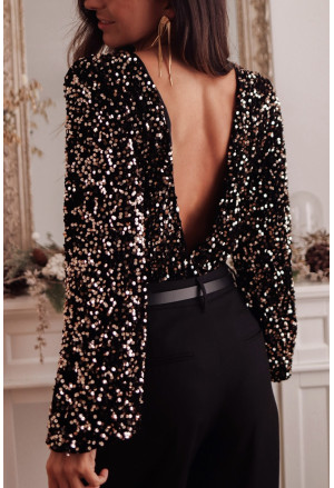 Black Deep V Back Sequin Puff Sleeve Bodysuit