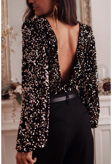 Black Deep V Back Sequin Puff Sleeve Bodysuit