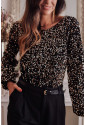 Black Deep V Back Sequin Puff Sleeve Bodysuit